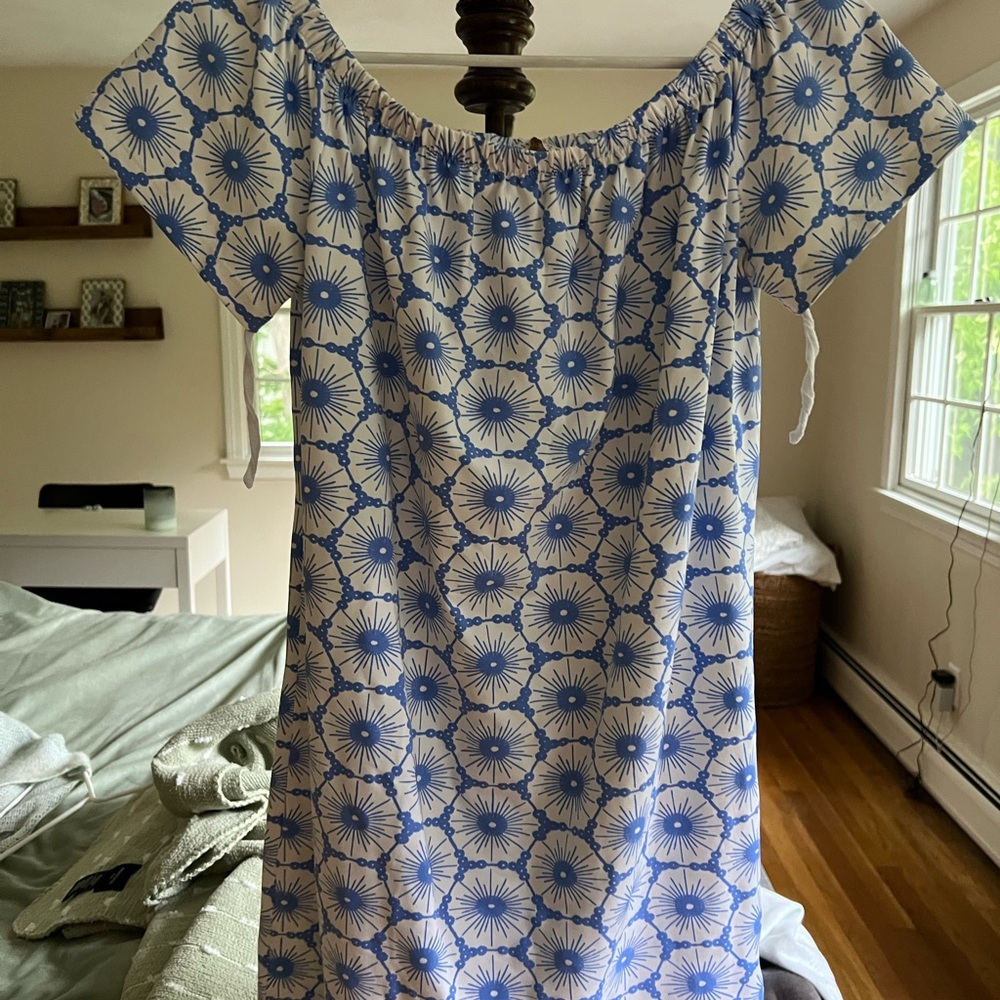 MAHI GOLD Blue and White Ruffled Off-Shoulder Sundress